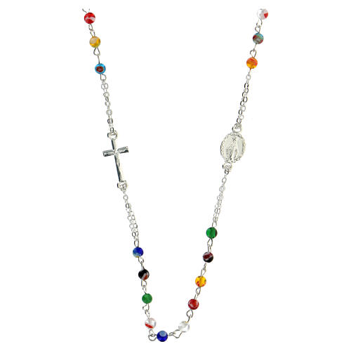 Necklace with three decade rosary, multicoloured glass beads, 4 mm 1