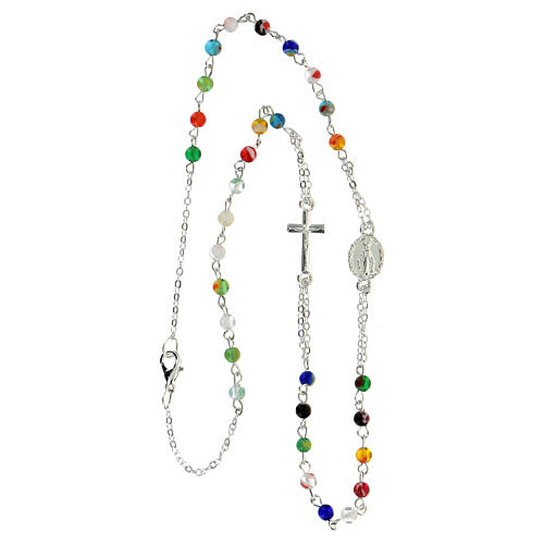 Necklace with three decade rosary, multicoloured glass beads, 4 mm 3