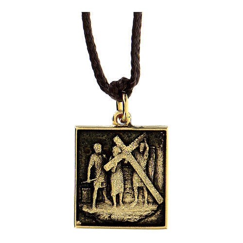 Way of the Cross pendant, 2nd Station, golden alloy 1