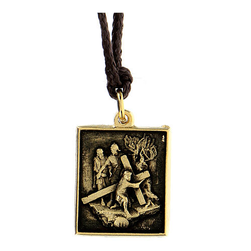 Way of the Cross pendant, 3rd Station, golden alloy 1