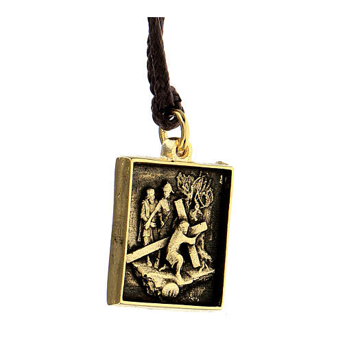 Via Crucis third station medal golden alloy the first fall 2