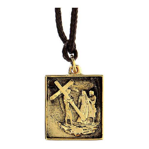 Way of the Cross pendant, 4th Station, golden alloy 1