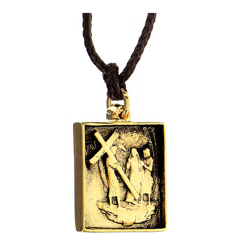 Way of the Cross pendant, 4th Station, golden alloy 2