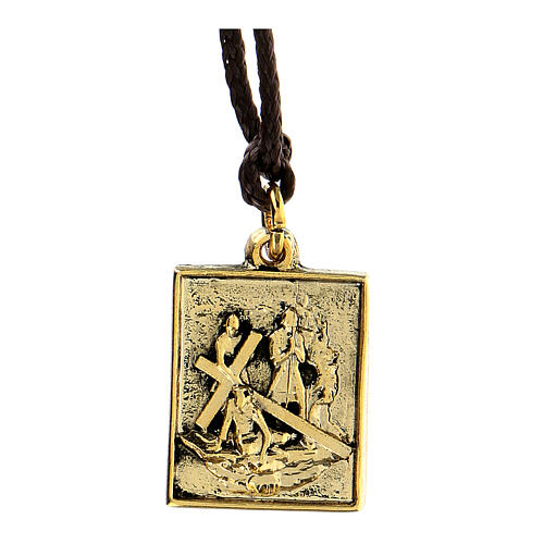 Way of the Cross pendant, 7th Station, golden alloy 1