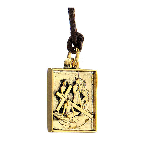 Way of the Cross pendant, 7th Station, golden alloy 2