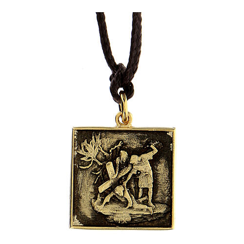 Way of the Cross pendant, 9th Station, golden alloy 1