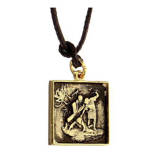 Way of the Cross pendant, 9th Station, golden alloy 2