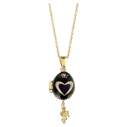 Egg-shaped black opening pendant, Russian Imperial style, heart and flowers 5