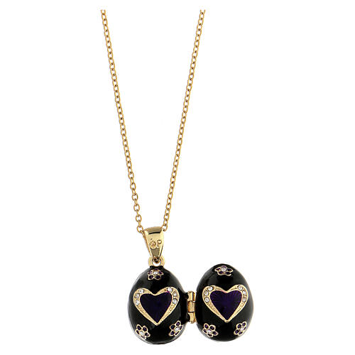 Egg-shaped black opening pendant, Russian Imperial style, heart and flowers 7
