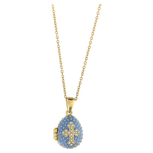 Egg-shaped light blue opening pendant, Russian Imperial style, with budded cross and star 1