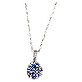 Blue stainless steel opening pendant, Russian Imperial egg, rhomboidal pattern