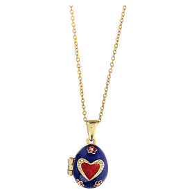 Blue opening pendant, Fabergé egg style, heart and flowers