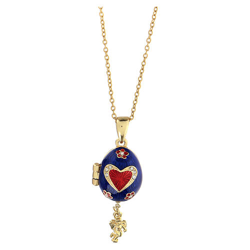 Blue opening pendant, Russian Imperial egg style, heart and flowers 5