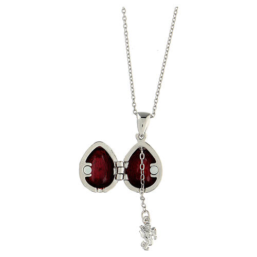 Opening pendant in Russian Imperial egg style, red and silver, curved lines and leaves 3