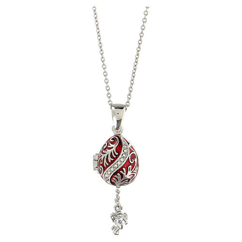 Opening pendant in Russian Imperial egg style, red and silver, curved lines and leaves 5