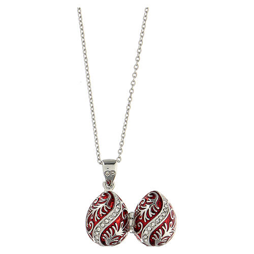 Opening pendant in Russian Imperial egg style, red and silver, curved lines and leaves 6