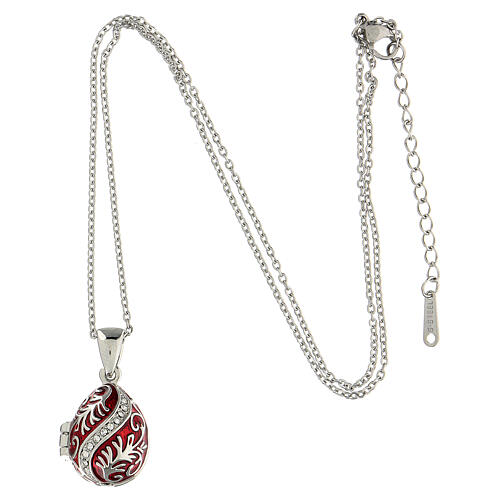 Opening pendant in Russian Imperial egg style, red and silver, curved lines and leaves 8