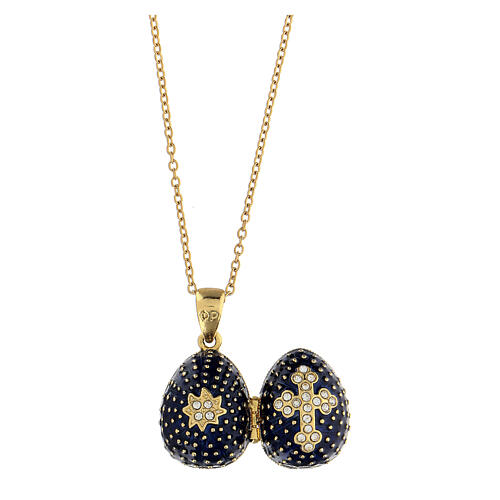 Dark blue opening pendant, Russian Imperial egg style, budded cross and star 6