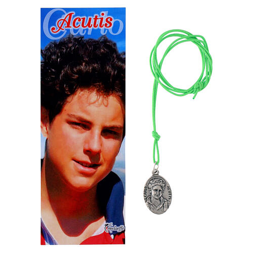 Kette mit Medaille „Carlo Acutis“, neongrüne Kordel 1