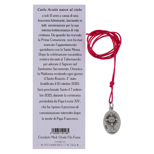 Kette mit Medaille „Carlo Acutis“, fuchsiafarbene Kordel 4