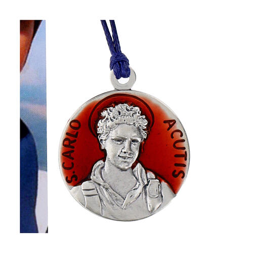 Red Enamel Pendant Necklace Carlo Acutis with Blue Cord, 30mm 2