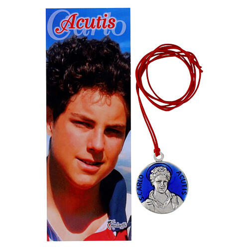 Kette mit Medaille „Carlo Acutis“, 30 mm, blaues Emaille, rote Kordel 1