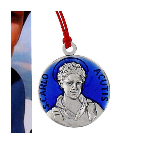 Blue enameled Carlo Acutis pendant necklace with red cord, 30 mm 2