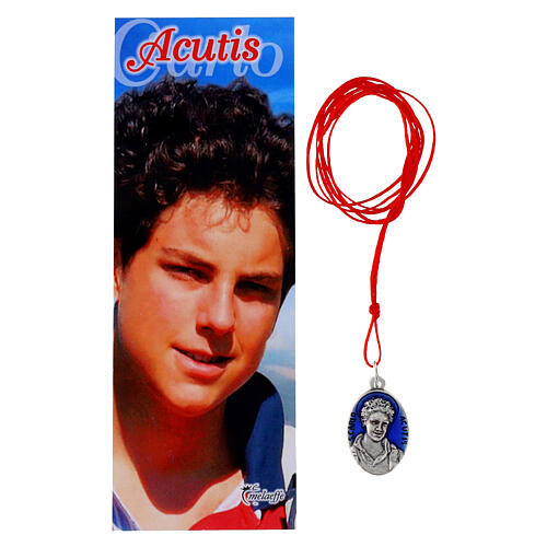 Kette mit Medaille „Carlo Acutis“, blau emailliert, rote Kordel 1