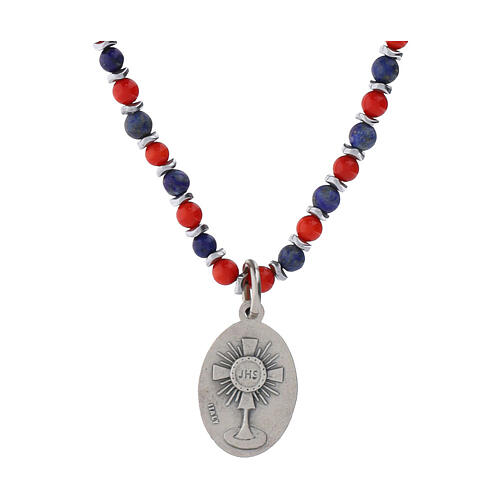 Halskette Carlo Acutis mit Koralle und Lapislazuli, 4 mm, Medaille aus Silber 20 mm 3