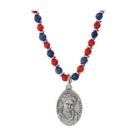 Carlo Acutis necklace with 0.16-inch red coral and blue lapis lazuli, 0.8-inch silver medal