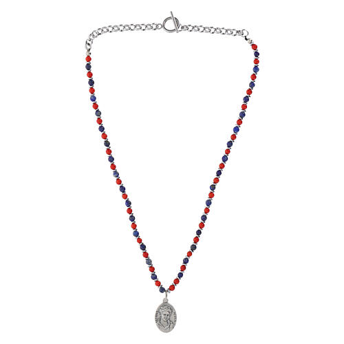 Collar Carlo Acutis coral y lapislázuli 4 mm medalla plata 20 mm 4