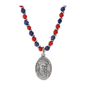 Collana Carlo Acutis corallo e lapislazzuli 4mm medaglia argento 20mm