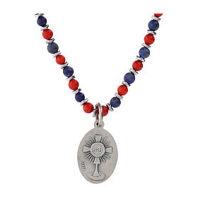 Collana Carlo Acutis corallo e lapislazzuli 4mm medaglia argento 20mm