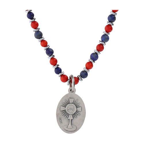 Collana Carlo Acutis corallo e lapislazzuli 4mm medaglia argento 20mm 2