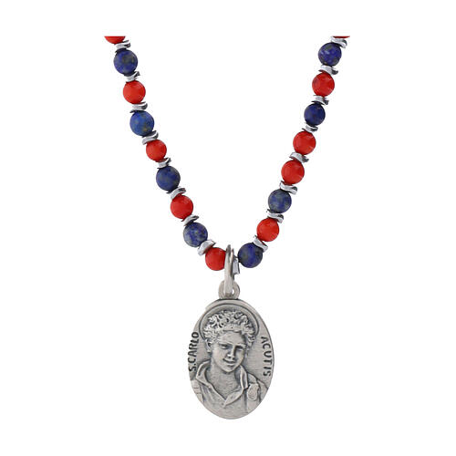 Collana Carlo Acutis corallo e lapislazzuli 4mm medaglia argento 20mm 1
