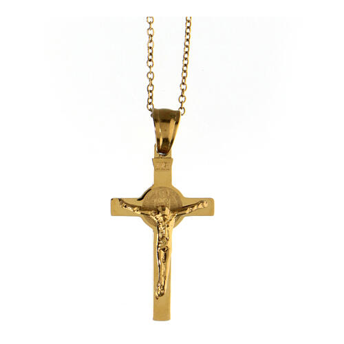 Pendentif croix Saint Benoît acier supermirror doré 3,5x2 cm 1