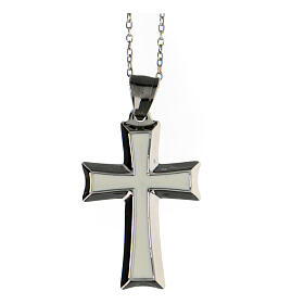 Necklace with white cross, supermirror stainless steel, 1.4x0.8 in