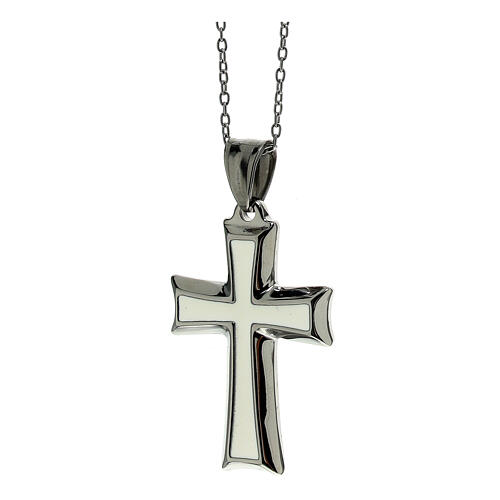 Necklace with white cross, supermirror stainless steel, 1.4x0.8 in 2