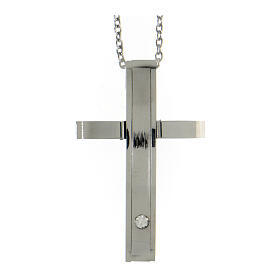 Necklace with modern cross pendant, supermirror stainless steel and zircon, 1.6x1 in