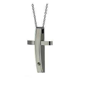 Necklace with modern cross pendant, supermirror stainless steel and zircon, 1.6x1 in