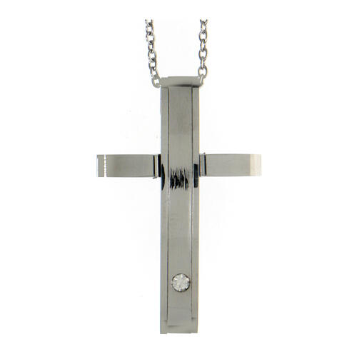 Necklace with modern cross pendant, supermirror stainless steel and zircon, 1.6x1 in 1