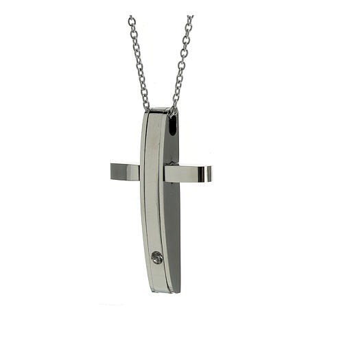 Necklace with modern cross pendant, supermirror stainless steel and zircon, 1.6x1 in 2