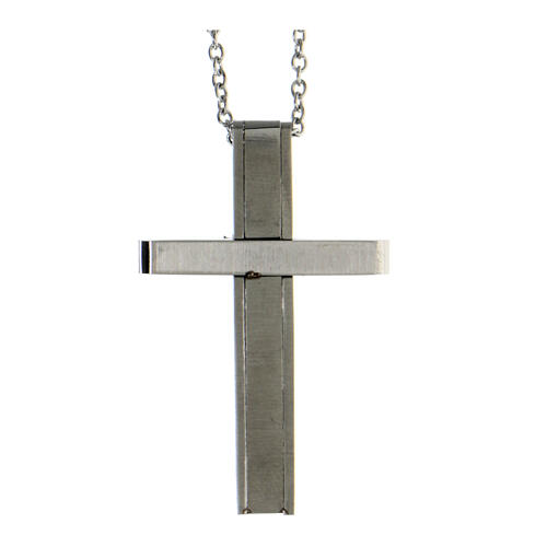 Necklace with modern cross pendant, supermirror stainless steel and zircon, 1.6x1 in 3