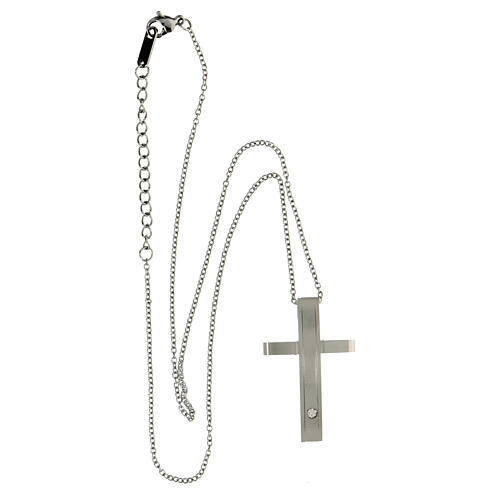 Necklace with modern cross pendant, supermirror stainless steel and zircon, 1.6x1 in 4