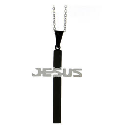 Cross-shaped pendant JESUS, black and silver supermirror stainless steel, 1.8x1.2 in