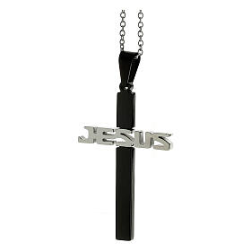 Cross-shaped pendant JESUS, black and silver supermirror stainless steel, 1.8x1.2 in