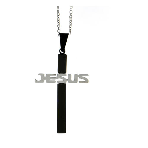 Cross-shaped pendant JESUS, black and silver supermirror stainless steel, 1.8x1.2 in 1