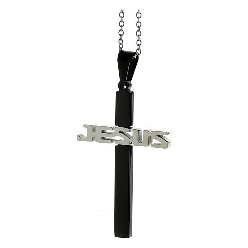 Cross-shaped pendant JESUS, black and silver supermirror stainless steel, 1.8x1.2 in 2