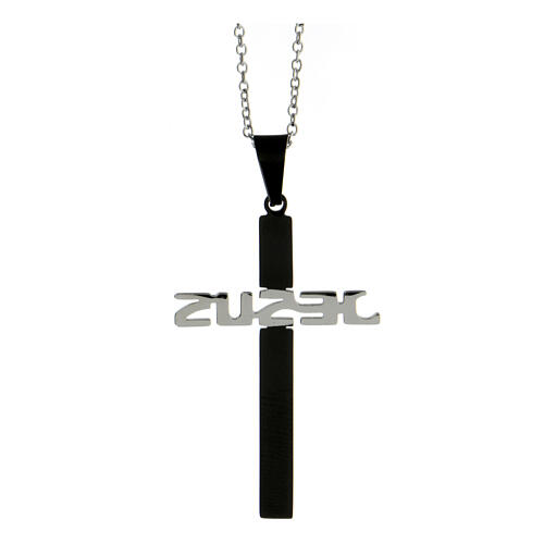 Cross-shaped pendant JESUS, black and silver supermirror stainless steel, 1.8x1.2 in 3