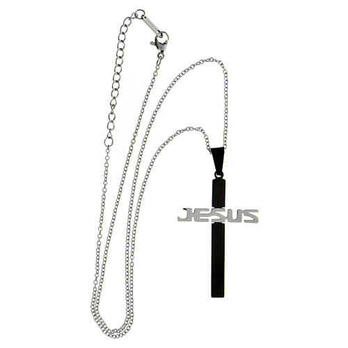 Cross-shaped pendant JESUS, black and silver supermirror stainless steel, 1.8x1.2 in 4